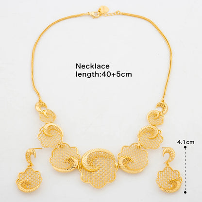 Dubai Gold Color Jewelry Set for Women Flower Design Necklace and Earrings with Bangle Ring 4Pcs Set for Brazilian Accessories