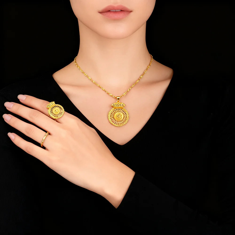 24k plated jewelry gifts ethiopian hollowing out Necklace and earrings rings set for women high quality plated jewelry sets gift