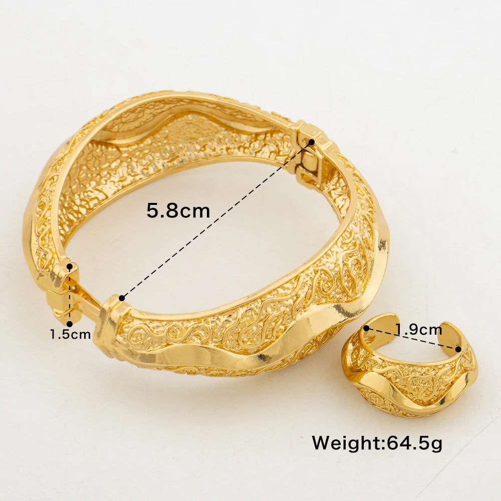 Fashion Charm Bracelet Ring Set Dubai Bridal 18k Gold Color Round Bangles Luxury Hand Jewelry for Wedding Party Anniversary Gift