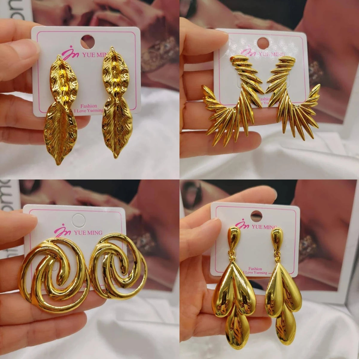 4Pairs Heart Shape Earrings for Women African Gold Color Stud Earrings Weddings Bridal Luxury Ear Accessories Party Jewelry Set
