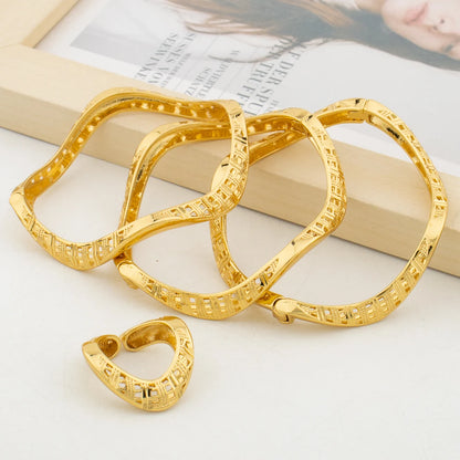 Dubai Gold Color Bangle Ring Set for Engagement Irregular Design Cuff Bangles Cocktail Ring Ladies Elegant Stacked Bracelets
