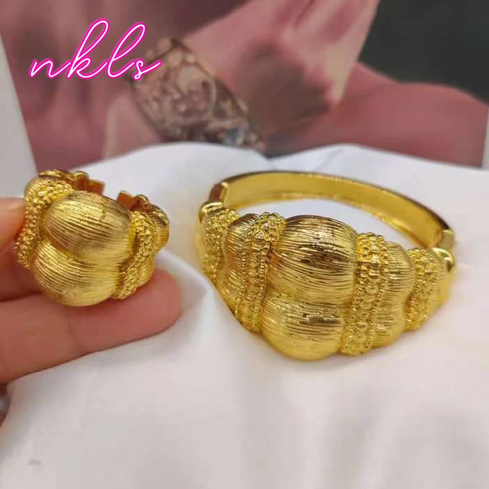 Fashion Copper Bracelet Ring Sets for Women Dubai Luxury  Plated Jewelry Set African Exquisite Bangle Bracelet Ring Sets