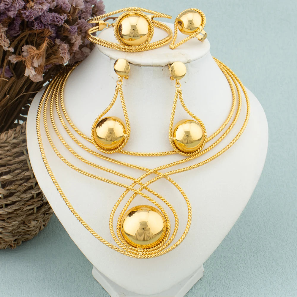 Dubai African Hoop Earrings Round Collar Beads Design for Women Gold Color Necklace Bangle Ring Jewelry Set Ethiopia Bride Gift