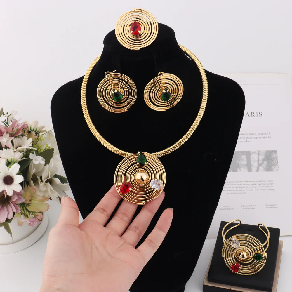 Dubai Round Noble Jewelry Set for Women Luxurious Bangle Necklace Ring Earrings Exclusive Festival