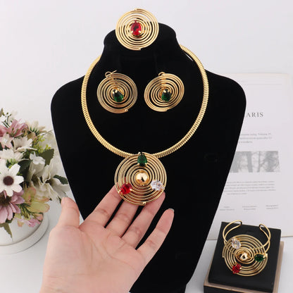Dubai Round Noble Jewelry Set for Women Luxurious Bangle Necklace Ring Earrings Exclusive Festival