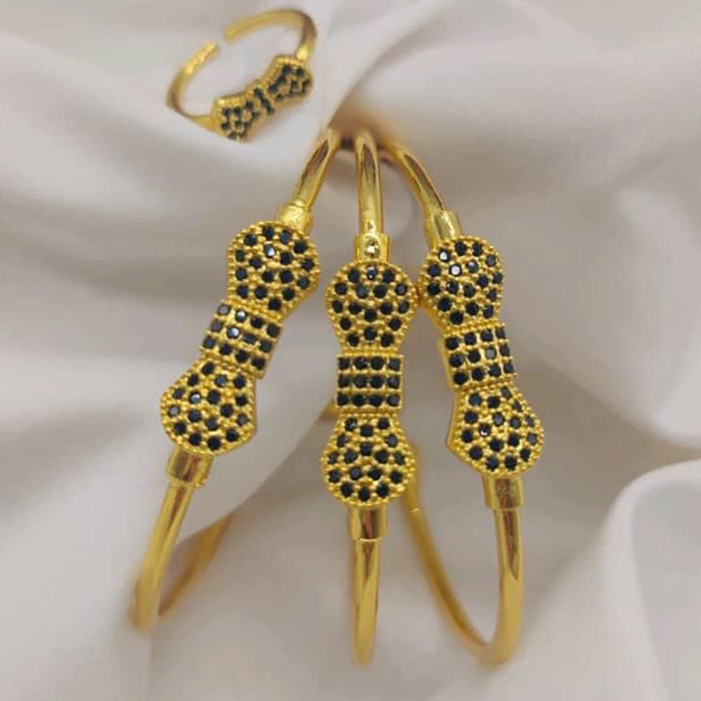 3pcs Black Zircon Cuff Bangles Dubai Gold Color Jewelry Wedding Bride Women Crystal Charm Bracelets Birthday Anniversary Gifts