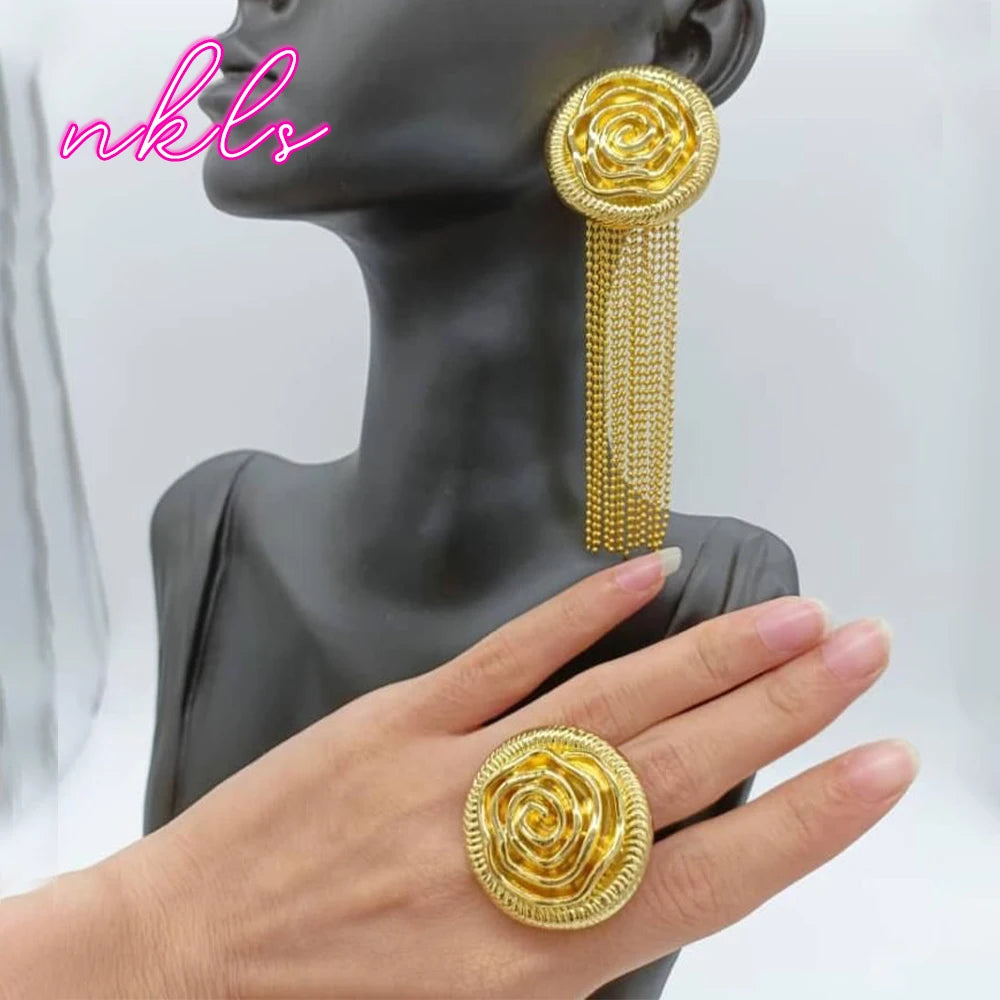 Fashion Ladies Tassel Earrings with Ring Set Trendy Dubai Color Jewelry Set Classic Copper Alloy Metal Jewelry Accessory