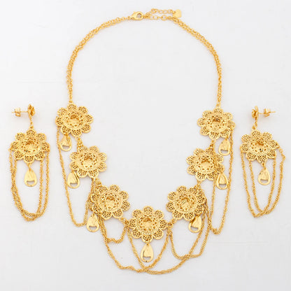 Dubai Fashion Women Jewelry Set Bohemian Luxury Gold Color Necklace Drop Earrings Set African Trend Jewelry Daily Wear Party