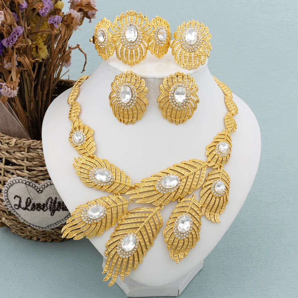 Italy Gold Color Jewelry Set Dubai Women Angel Feather Zircon Necklace Earrings Exaggerate Design Pendant Large Jewelry Bangle