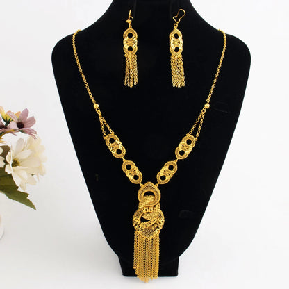 Luxury Gold Plated Long Chain Necklace Earrings Set for Women India Noble Nigeria Bride Jewelry Gift for Wedding Party