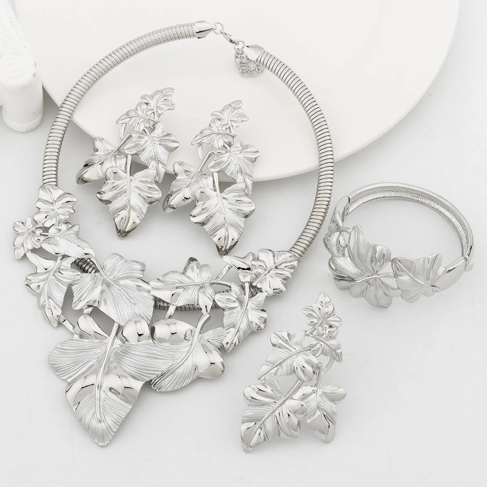 gold plated jewelry sets Leaf Shape Bangle Ring necklace and earrings set Two-tone Original Jewellery Anniversary Gifts
