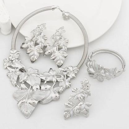 gold plated jewelry sets Leaf Shape Bangle Ring necklace and earrings set Two-tone Original Jewellery Anniversary Gifts