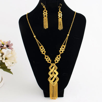 Luxury Gold Plated Long Chain Necklace Earrings Set for Women India Noble Nigeria Bride Jewelry Gift for Wedding Party