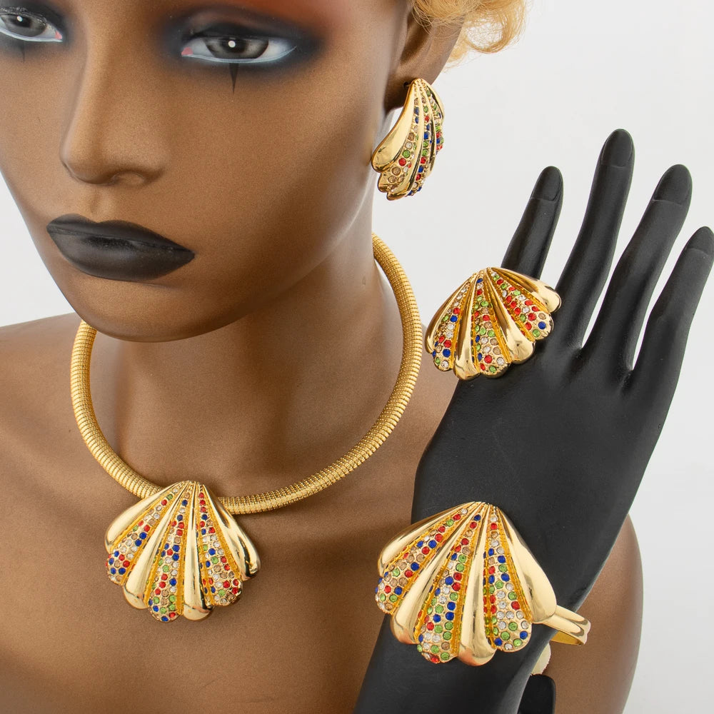 Nigerian Woman Jewelry Set Shell Design Fashion Luxury Necklace Micro Inlaid Crystal Earrings Gold Plated Charm Bracelet Ring