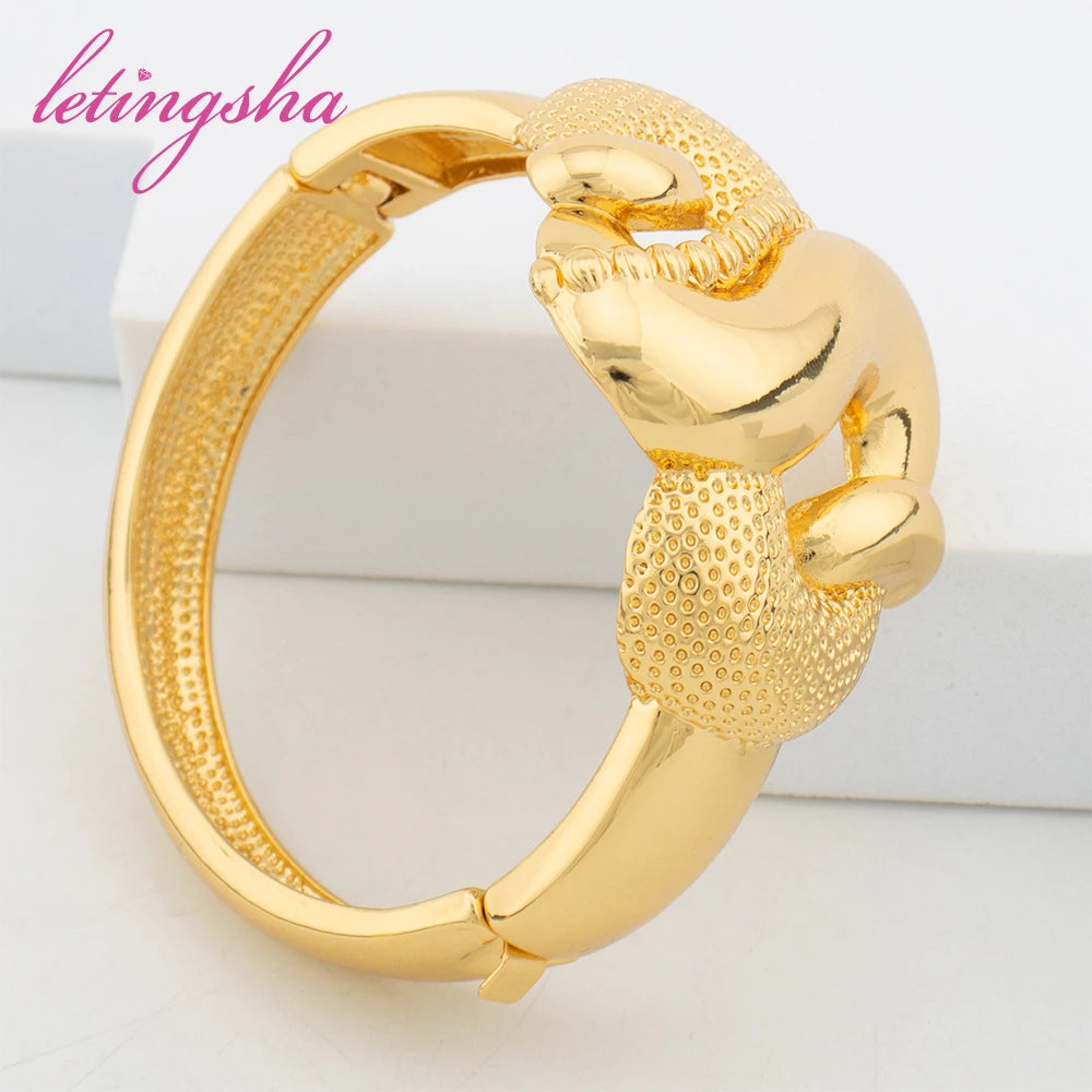 18k Gold Color Bangle with Ring Set for Women Dubai Bride Wedding Ethiopian Charm Bracelet African Bangle Jewelry Party Gifts