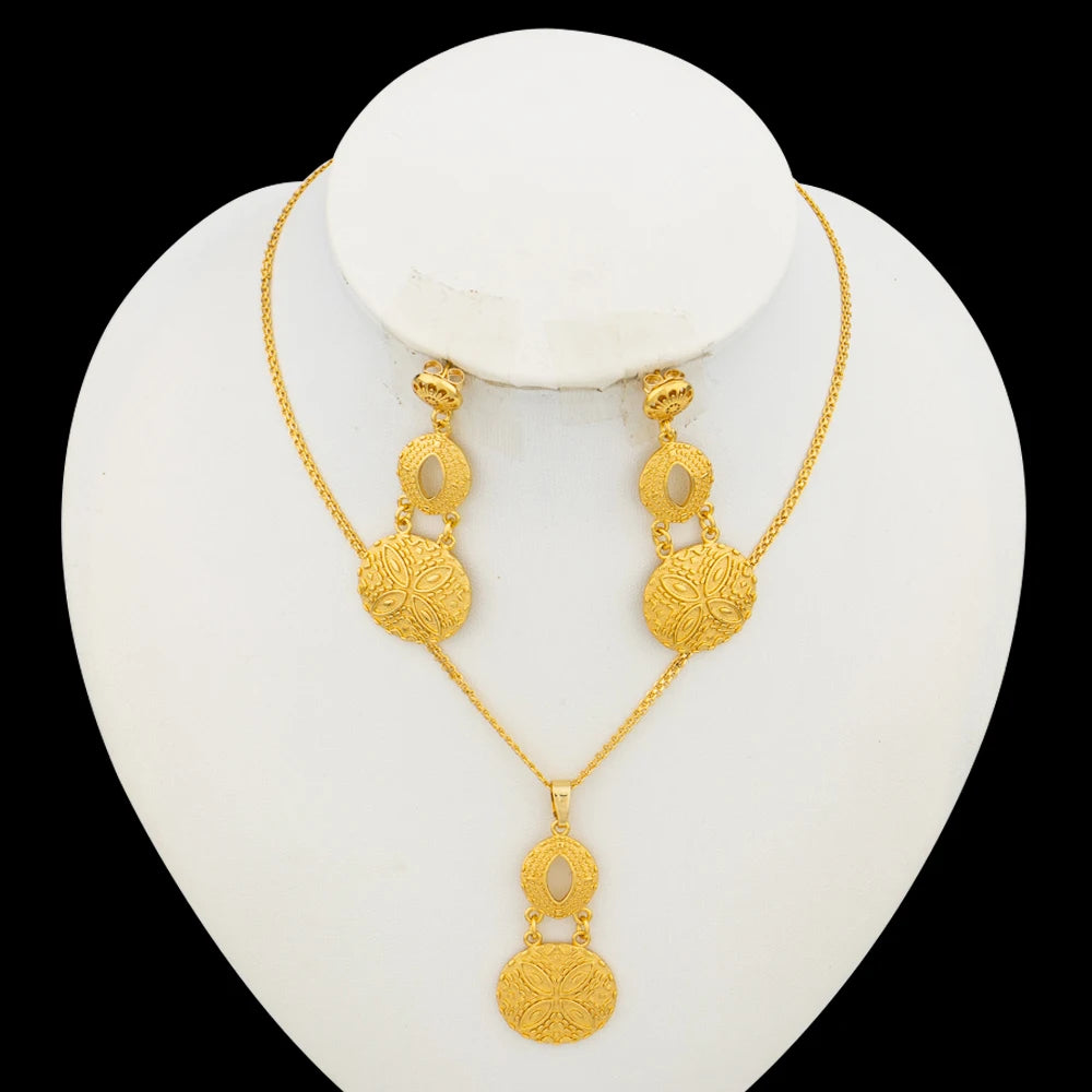 Italian Earrings and Necklace Jewelry Set for Women Gold Color Drop Earrings and Pendant African Chain Necklace Jewelry Set Gift