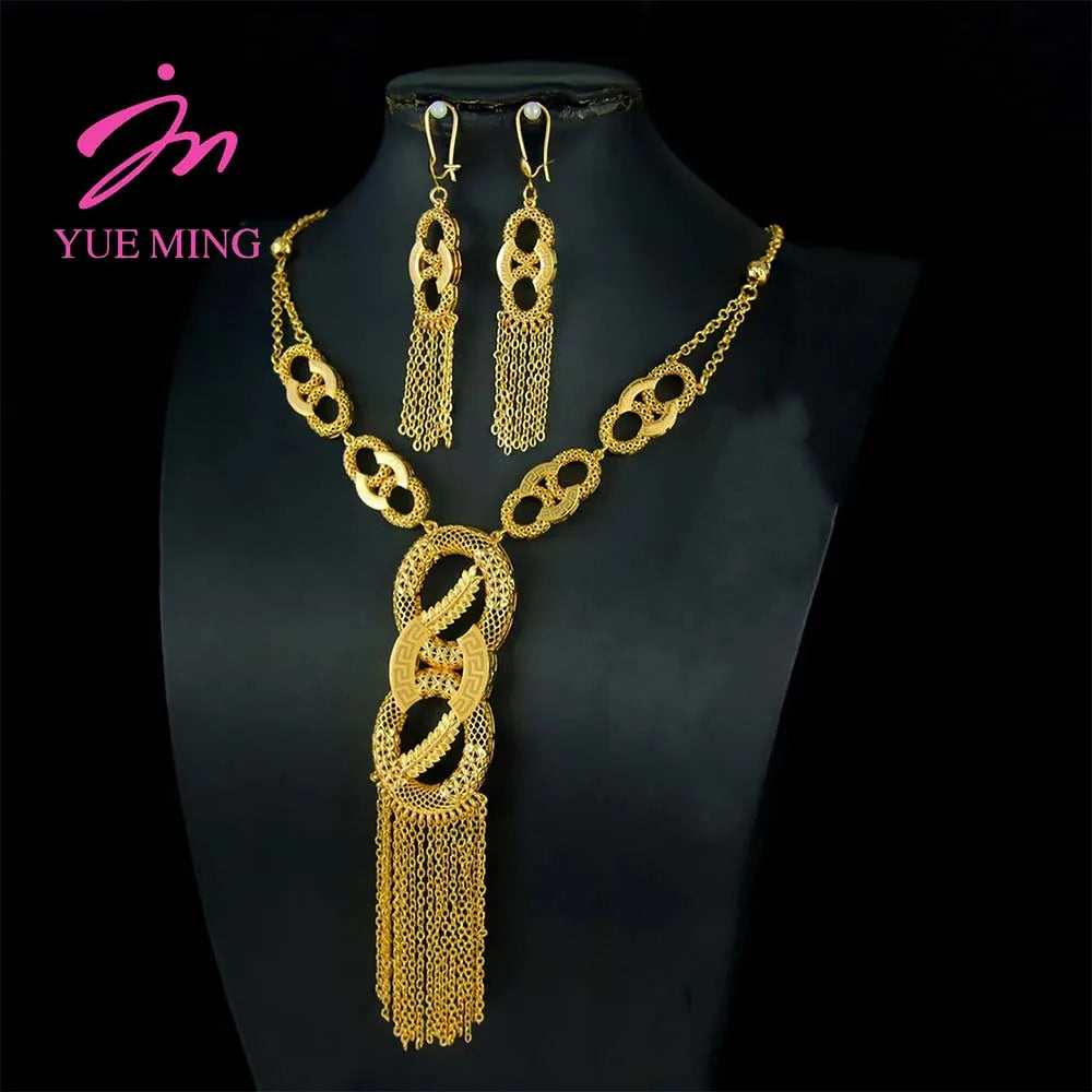 Luxury Arabic Gold Wedding Jewelry Set 24k Gold Plated Dubai Bridal Necklace Earrings Oman Women Vintage Jewelrys Gift For Mom