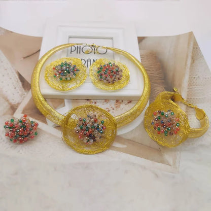 Exaggerate Women Jewelry Set for Party African Copper Gold Color Pendant Necklace and Dangle Earrings Weddings Bangle Ring Set