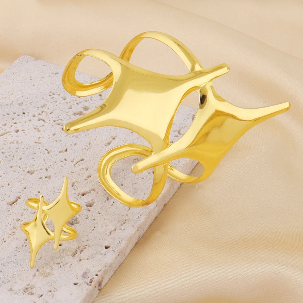Punk Gold Stainless Steel Star Open Ring & Bracelet Set Unisex Hip-Hop Fashion Jewelry Gift for Women Men Adjustable Stackable S