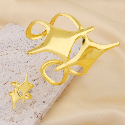 Punk Gold Stainless Steel Star Open Ring & Bracelet Set Unisex Hip-Hop Fashion Jewelry Gift for Women Men Adjustable Stackable S