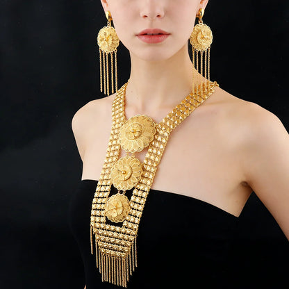 24K Gold Color Long Chain Necklace Earrings Set New Indian Nigerian Bridal Wedding Ethiopian Luxury Party Jewelry Wholesale Gift