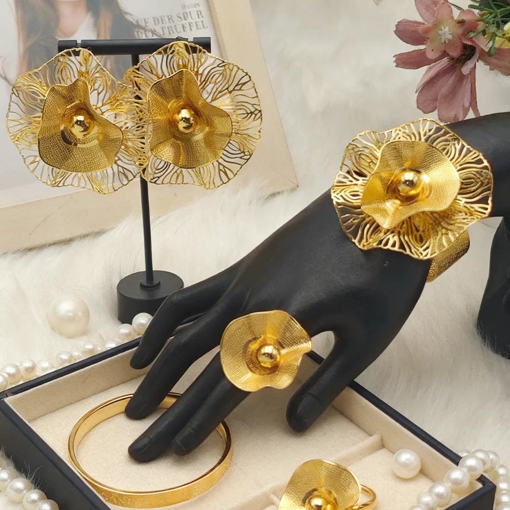 gold color jewelry set weddings bangle ring Earrings Stainless steel 18k gold plated jewelry set Free shipping for festival gift