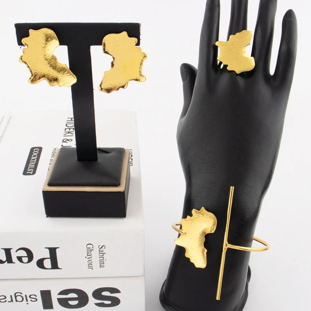 Elegant African Gold-Tone Bridal Wedding Gift Jewelry Set for Women Clip Earrings Cuff & Ring