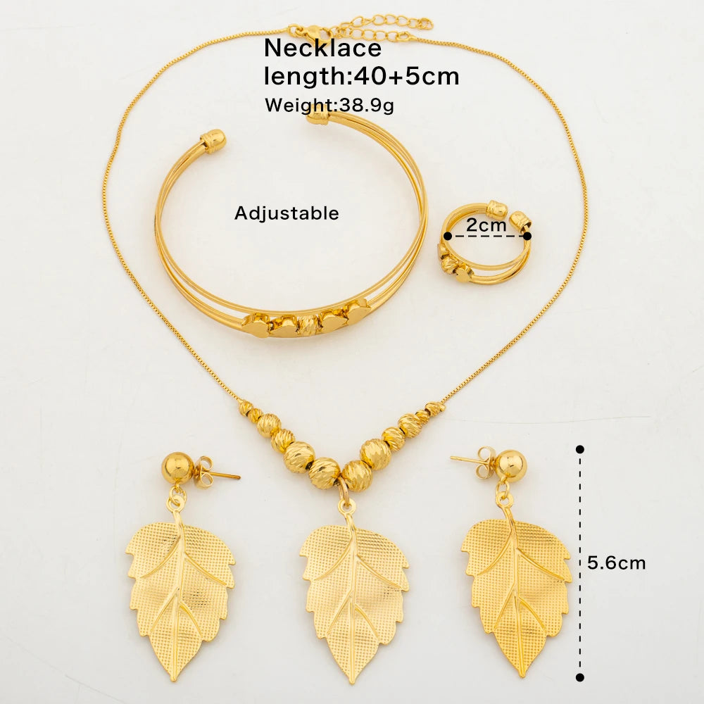 Nigerian Gold Color Jewelry Set for Ladies Leaf Design Pendant Necklace and Drop Earrings Elegant Cuff Bangle Ring Set Jewelry