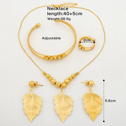 Nigerian Gold Color Jewelry Set for Ladies Leaf Design Pendant Necklace and Drop Earrings Elegant Cuff Bangle Ring Set Jewelry