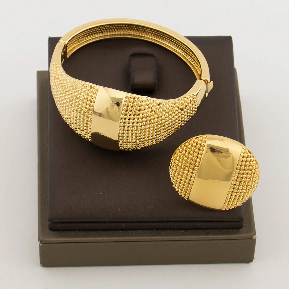 Brazilian Bangle with Ring Jewelry Set for Party 18k Gold Color Hand Bracelet Cocktail Ring 2Pcs Set for Weddings Engagement