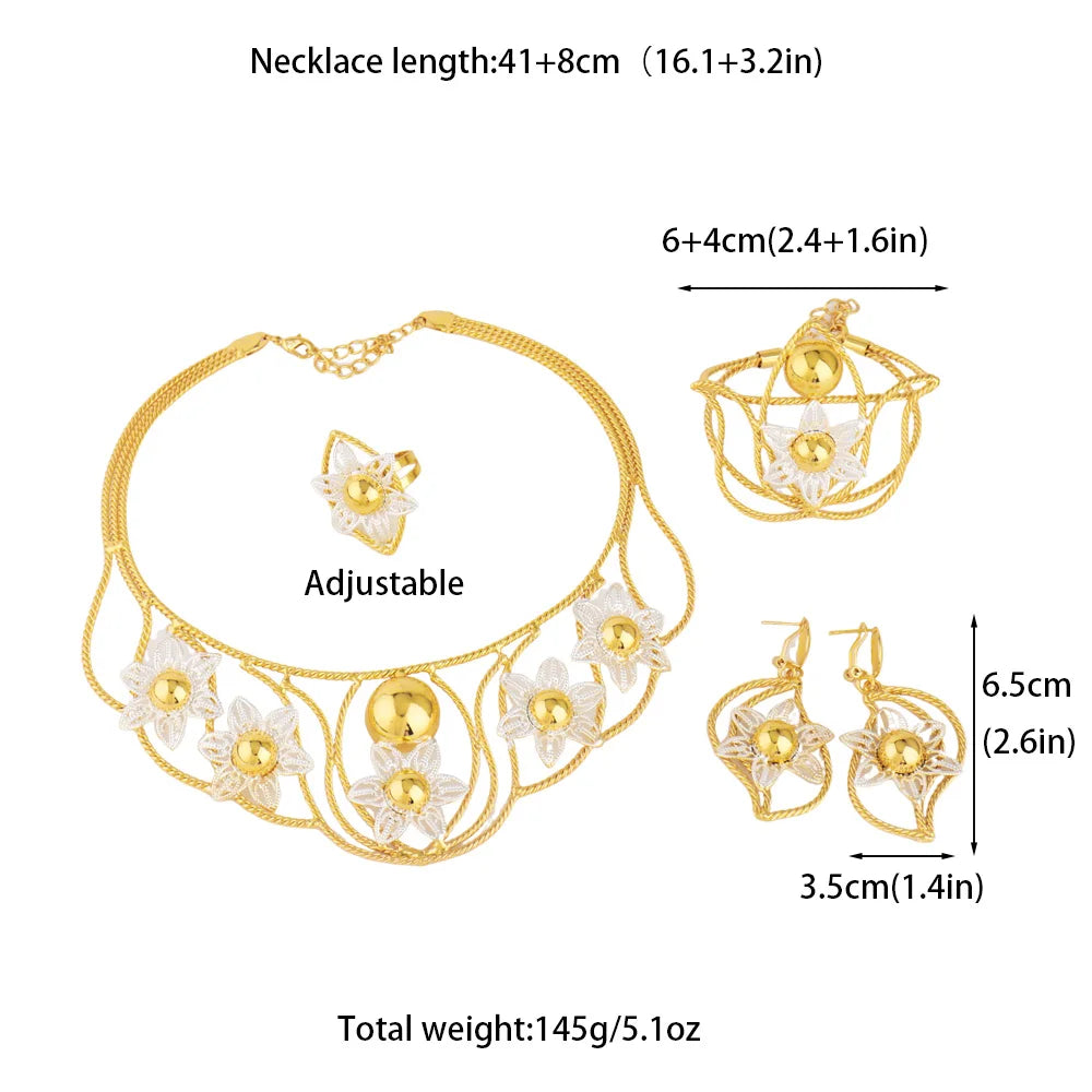 Exaggerated Gold Color Hollow Flower Shape Necklace Earrings Ring Bracelet Set for Women Gold Plated Jewelry Gift for Party