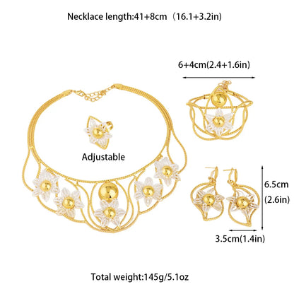 Exaggerated Gold Color Hollow Flower Shape Necklace Earrings Ring Bracelet Set for Women Gold Plated Jewelry Gift for Party