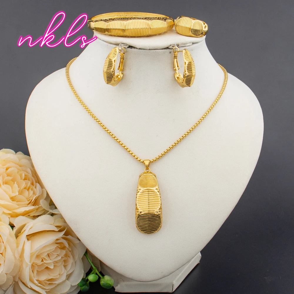 Italy  Plated Jewelry Sets For Women Fashion Jewelry Pendant Necklace Hoop Earrings Cuff Bracelet Ring Set Party Gift