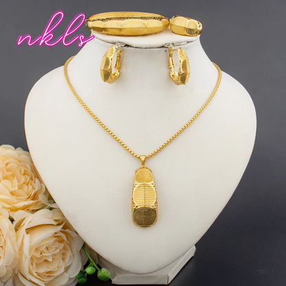 Italy  Plated Jewelry Sets For Women Fashion Jewelry Pendant Necklace Hoop Earrings Cuff Bracelet Ring Set Party Gift