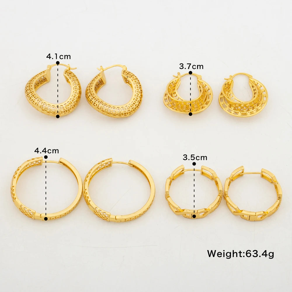 Luxury Gold Color Bangle Ring Jewelry Set for Women Hoop Earrings Hollow Out Design Hand Bracelet Ring 3Pcs Set for Engagement