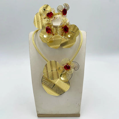 Luxury Crystal Design Jewelry Set for Women Bohemia Floral Design Necklace Drop Earrings Weddings Engagement Bracelet Ring Set