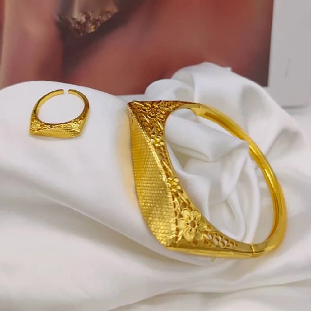 Dubai Gold Color Bangle and Ring Set for Party Bohemia Design Hand Bracelet and Finger Ring 2Pcs Set for Engagement Party Gifts