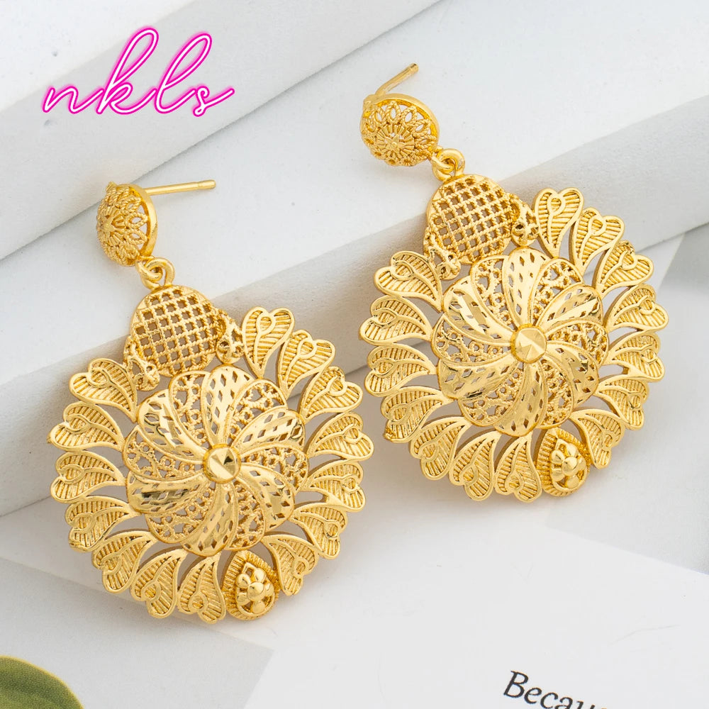 Bohemian Fashion Drop Earrings Set Dubai Lace Flower Eardrop Brazilian Luxury Gold Color Jewelry Wedding Party Accessories Gifts