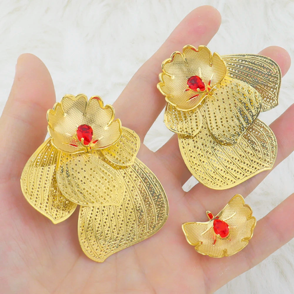 Dubai Hollow Earrings & Ring 2Pcs Set for Women, Trendy Party Wedding Valentine Gift, Elegant Earring Set Jewelry