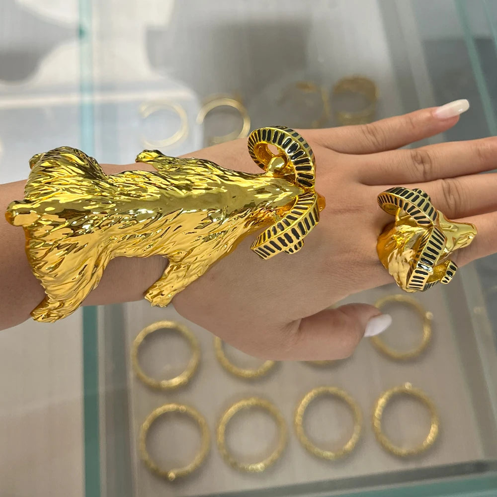 Punk Retro Sheep Head Bangles ring for women  jewelry set 24k gold bangles Gothic Creative Fashion Rings Accessories Party Gifts