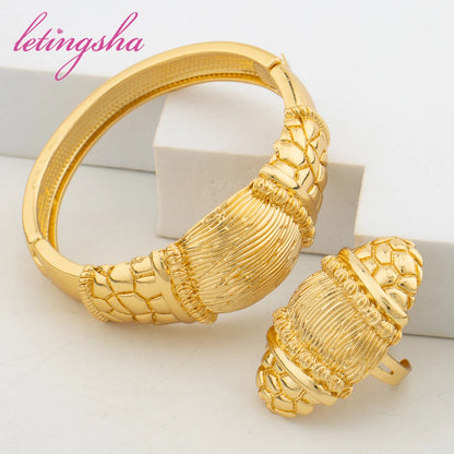 Exquisite Cuff Bangle Luxury 18K Gold Plated Hoop Earrings For Women Adjustable Rings Jewelry Set Daily Wear Gift