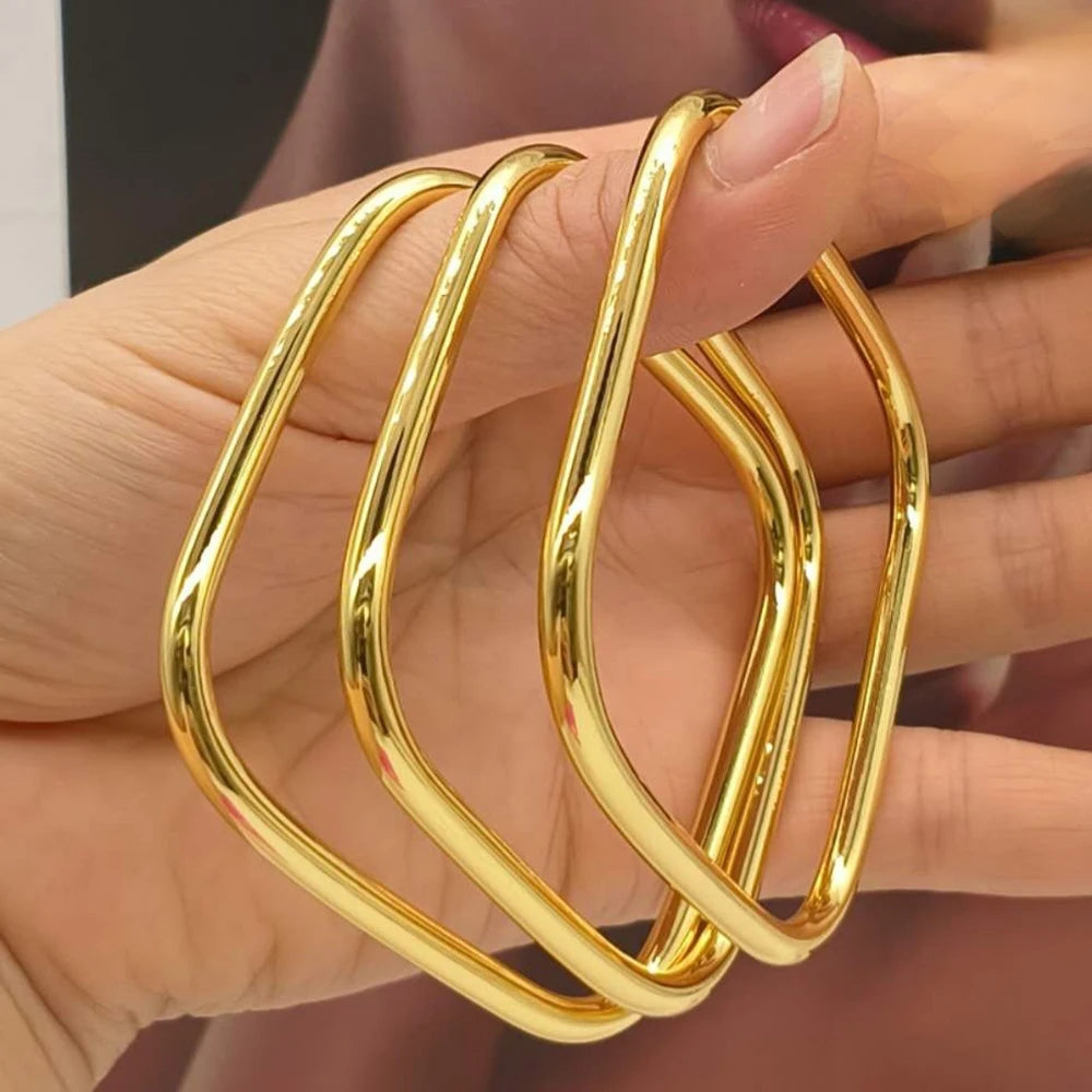 3PCS Square Bracelet Luxury Dubai Gold Plated Bangles for Women African Charm Bracelets Wedding Hand Jewelry Party Gifts