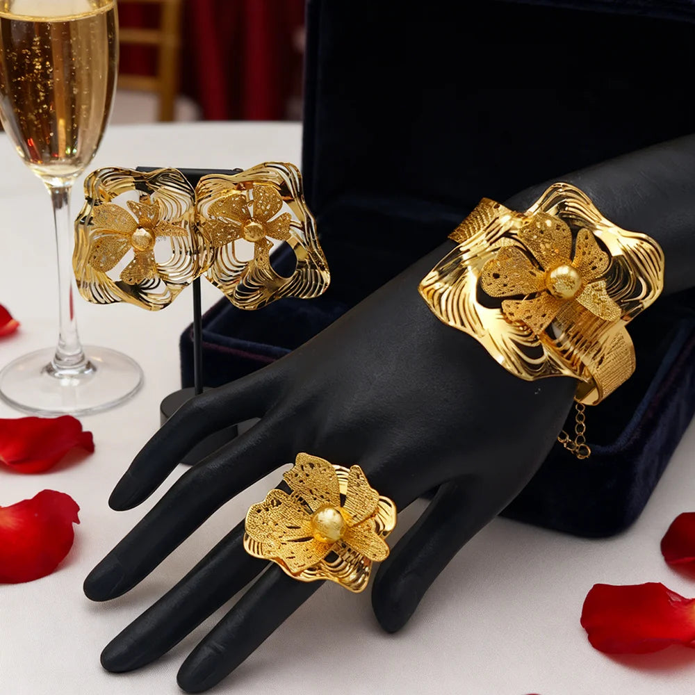 gold color jewelry set weddings bangle ring Earrings Stainless steel 18k gold plated jewelry set Free shipping for festival gift