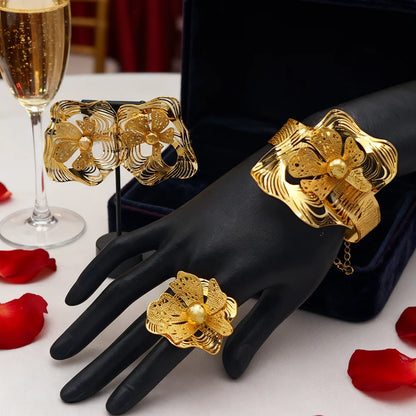 gold color jewelry set weddings bangle ring Earrings Stainless steel 18k gold plated jewelry set Free shipping for festival gift