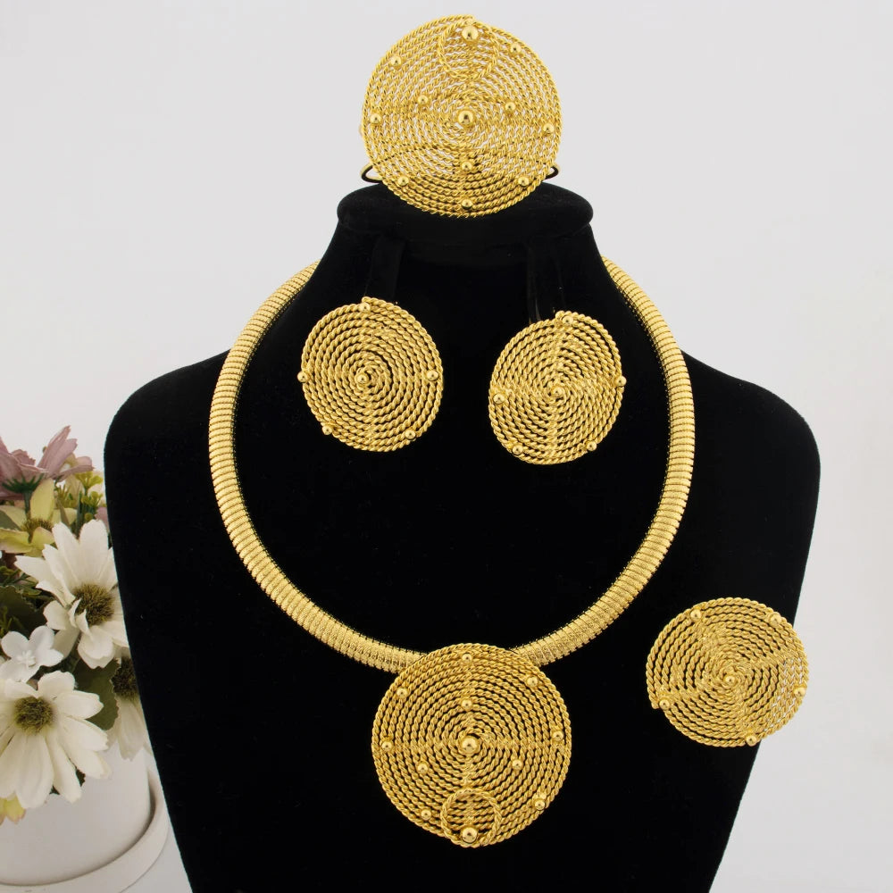 NKLS Weaving Circle Jewelry Set for Women, Dubai Brazilian Bridal Earrings & Necklace Ring Bangle, Party Wedding Gift