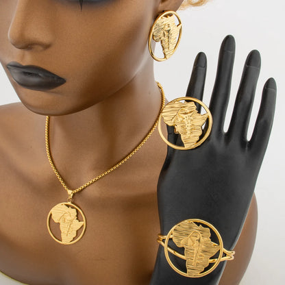 Hot Sale African Map Design Jewelry Set Elegant Women Gold Plated Clip Earrings 4PCS Set Jewelry Accessories Ethiopia Bride Gift