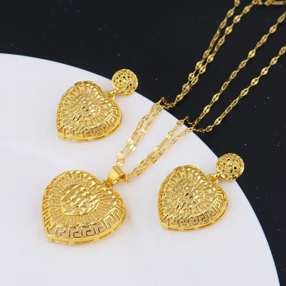 Dubai Heart Shape Necklace Earrings 24K Gold Plated Jewelry Set Women African Indian Nigerian Bride Wedding Party Gift Jewelry
