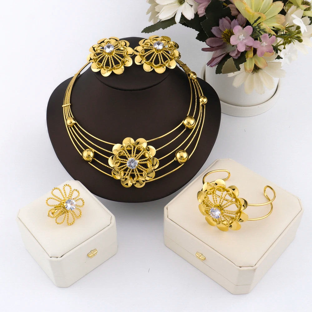 2025 Flower Jewelry Sets for African Women, Earrings Necklace Ring Bangle Gift for Party Valentine’s, Elegant Jewelry