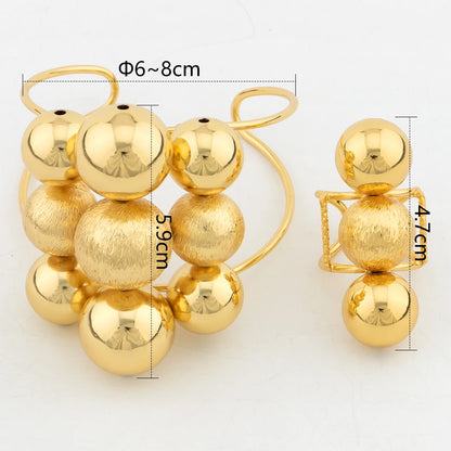 Fashion Cuff Bracelet with Rings Dubai Gold Color Round Beads Bangles 2PCS Butterfly Jewelry Sets African Bridal Wedding Gifts - YUEMING JEWELRY