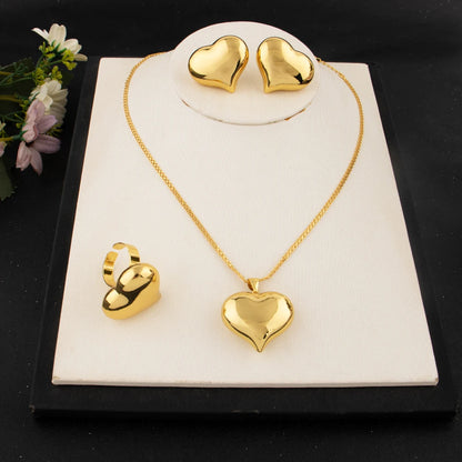 Gold-Tone Stainless Steel Minimalist Heart Jewelry Set for Women Chic Daily Wear Earrings Necklace Ring Combo Gift